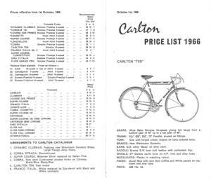 Raleigh Carlton 1966 PriceList
