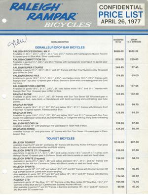 Raleigh 1977 Price List