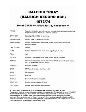Raleigh RRA (Record Ace) 1973-1974 Dating & Spec Guide
