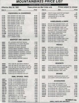 MountainBikes 1983 Price List
